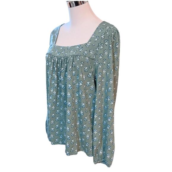 LUCKY BRAND Peasant Blouse Top Square Neck Gathers Flowy Size Large Floral Green - Picture 3 of 9